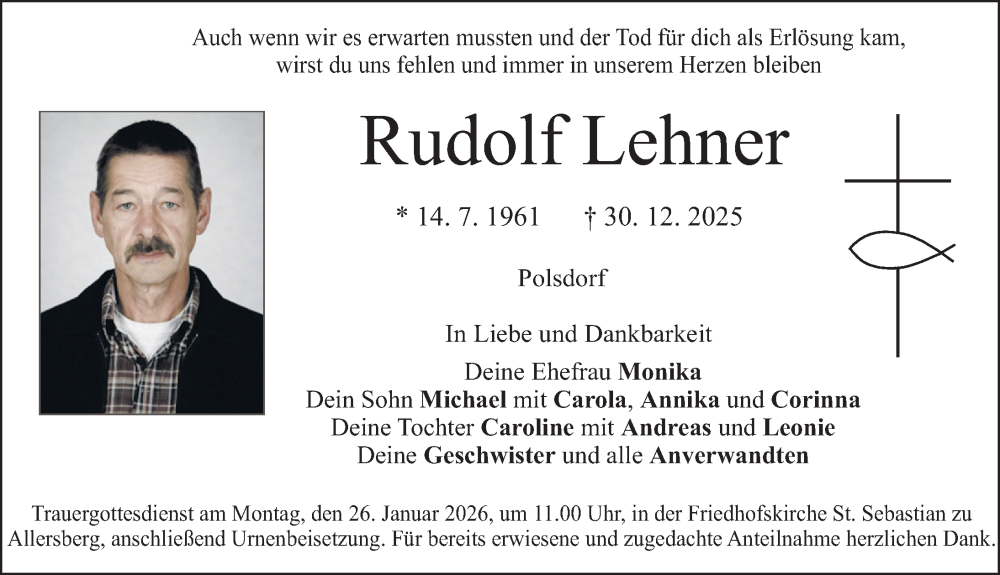  Traueranzeige für Rudolf Lehner vom 21.01.2026 aus Roth-Hilpoltsteiner Volkszeitung Lokal