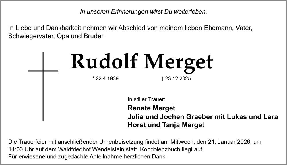  Traueranzeige für Rudolf Merget vom 17.01.2026 aus Gesamtausgabe Nürnberger Nachrichten/ Nürnberger Ztg.