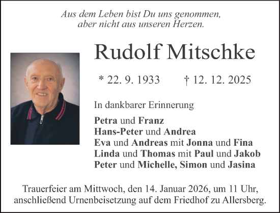 Traueranzeige von Rudolf Mitschke von Roth-Hilpoltsteiner Volkszeitung Lokal