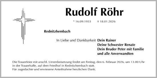 Traueranzeige von Rudolf Röhr von Schwabacher Tagblatt Lokal