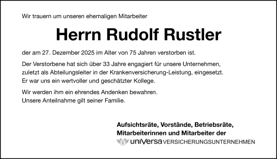 Traueranzeige von Rudolf Rustler von Gesamtausgabe Nürnberger Nachrichten/ Nürnberger Ztg.