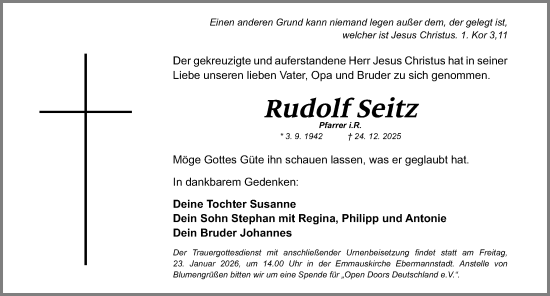 Traueranzeige von Rudolf Seitz von Fürther Nachrichten/ Nordbayer. Nachrichten Forchheim