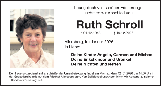 Traueranzeige von Ruth Schroll von Roth-Hilpoltsteiner Volkszeitung Lokal