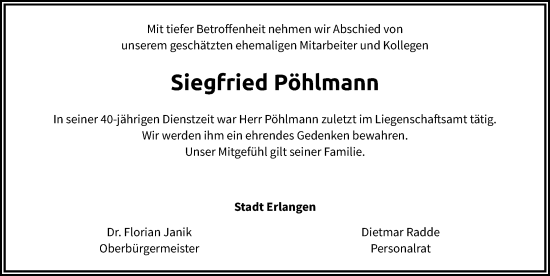 Traueranzeige von Siegfried Pöhlmann von Erlanger Nachrichten Lokal