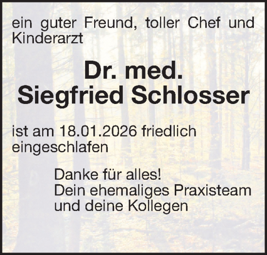 Traueranzeige von Siegfried Schlosser von Gesamtausgabe Nürnberger Nachrichten/ Nürnberger Ztg.