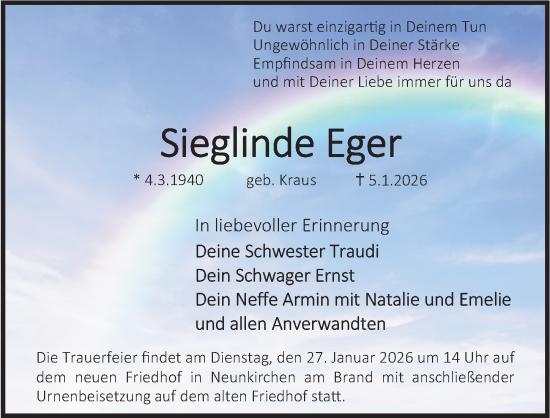 Traueranzeige von Sieglinde Eger von Erlanger Nachrichten Lokal
