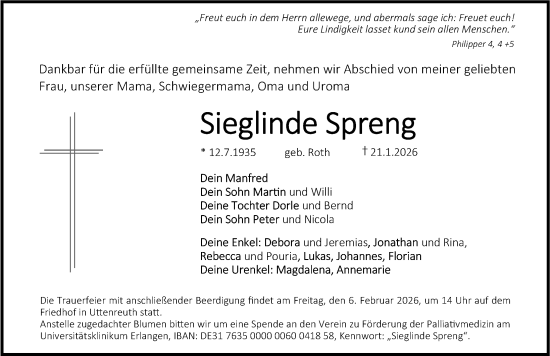 Traueranzeige von Sieglinde Spreng von Erlanger Nachrichten Lokal