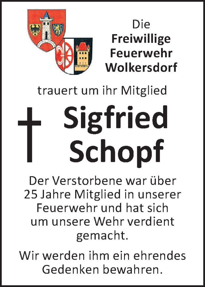  Traueranzeige für Sigfried Schopf vom 03.01.2026 aus Schwabacher Tagblatt Lokal