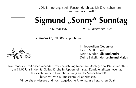 Traueranzeige von Sigmund Sonntag von Altmühl-Bote Lokal