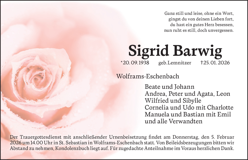  Traueranzeige für Sigrid Barwig vom 31.01.2026 aus Altmühl-Bote Lokal