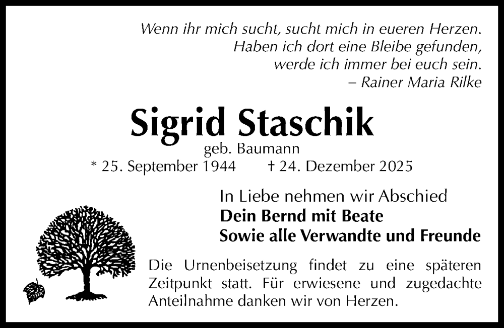  Traueranzeige für Sigrid Staschik vom 03.01.2026 aus Fürther Nachrichten Lokal