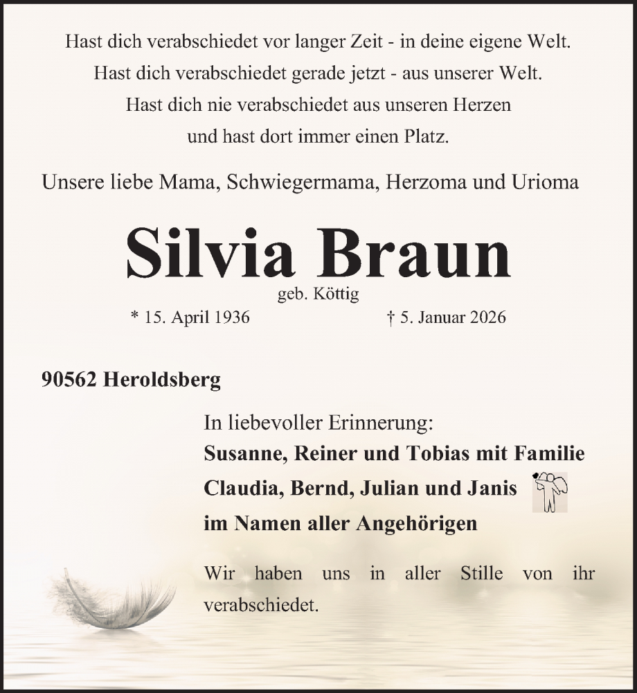  Traueranzeige für Silvia Braun vom 17.01.2026 aus Gesamtausgabe Nürnberger Nachrichten/ Nürnberger Ztg.