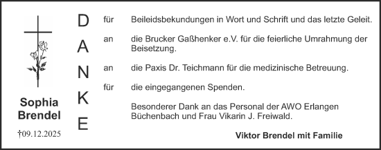 Traueranzeige von Sophia Brendel von Erlanger Nachrichten Lokal