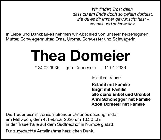Traueranzeige von Thea Domeier von Gesamtausgabe Nürnberger Nachrichten/ Nürnberger Ztg.