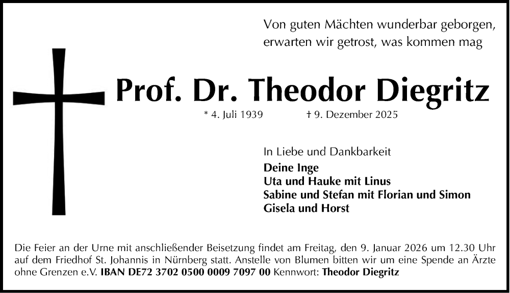  Traueranzeige für Theodor Diegritz vom 07.01.2026 aus Gesamtausgabe Nürnberger Nachrichten/ Nürnberger Ztg.