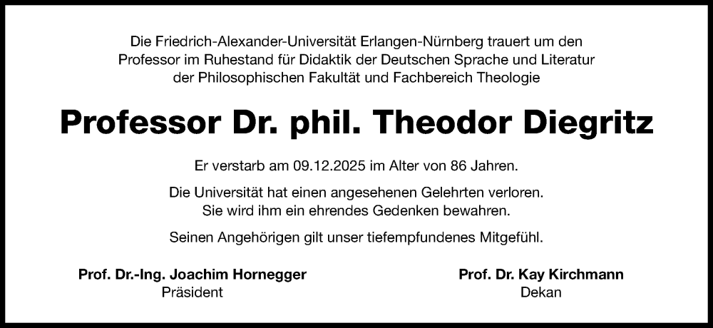  Traueranzeige für Theodor Diegritz vom 09.01.2026 aus Gesamtausgabe Nürnberger Nachrichten/ Nürnberger Ztg.