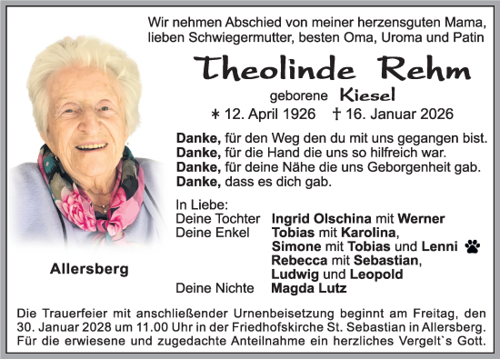 Traueranzeige von Theolinde Rehm von Roth-Hilpoltsteiner Volkszeitung Lokal