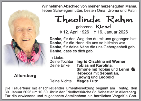 Traueranzeige von Theolinde Rehm von Roth-Hilpoltsteiner Volkszeitung Lokal