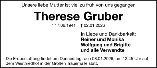 Traueranzeige von Therese Gruber von Gesamtausgabe Nürnberger Nachrichten/ Nürnberger Ztg.