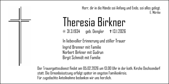 Traueranzeige von Theresia Birkner von Erlanger Nachrichten Lokal