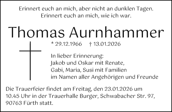 Traueranzeige von Thomas Aurnhammer von Gesamtausgabe Nürnberger Nachrichten/ Nürnberger Ztg.