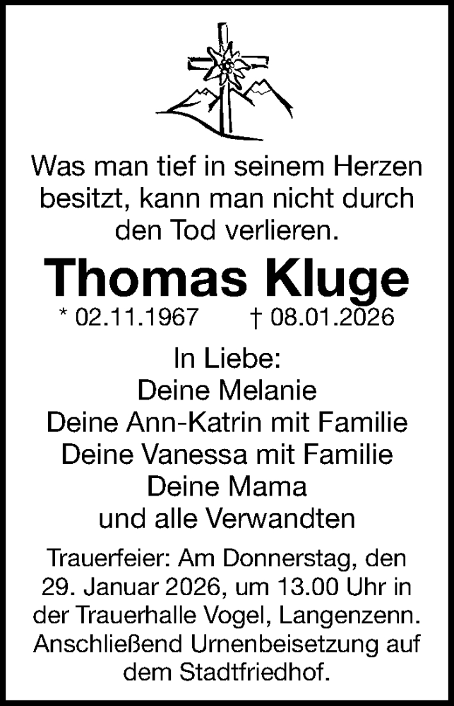  Traueranzeige für Thomas Kluge vom 24.01.2026 aus Fürther Nachrichten Lokal