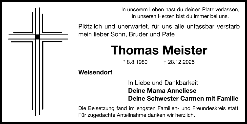  Traueranzeige für Thomas Meister vom 22.01.2026 aus Nordbayerische Nachrichten Herzogenaurach Lokal