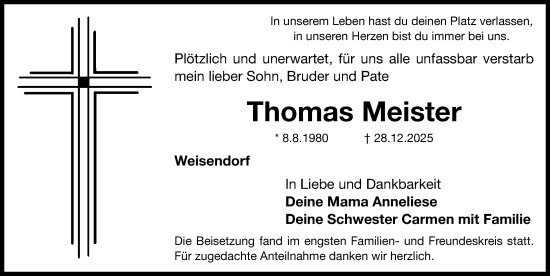 Traueranzeige von Thomas Meister von Nordbayerische Nachrichten Herzogenaurach Lokal
