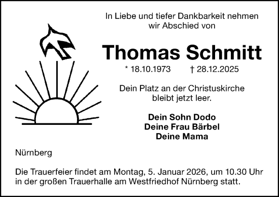 Traueranzeige von Thomas Schmitt von Gesamtausgabe Nürnberger Nachrichten/ Nürnberger Ztg.