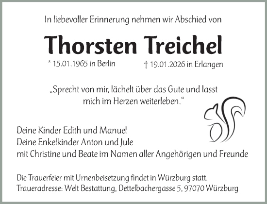 Traueranzeige von Thorsten Treichel von Erlanger Nachrichten Lokal