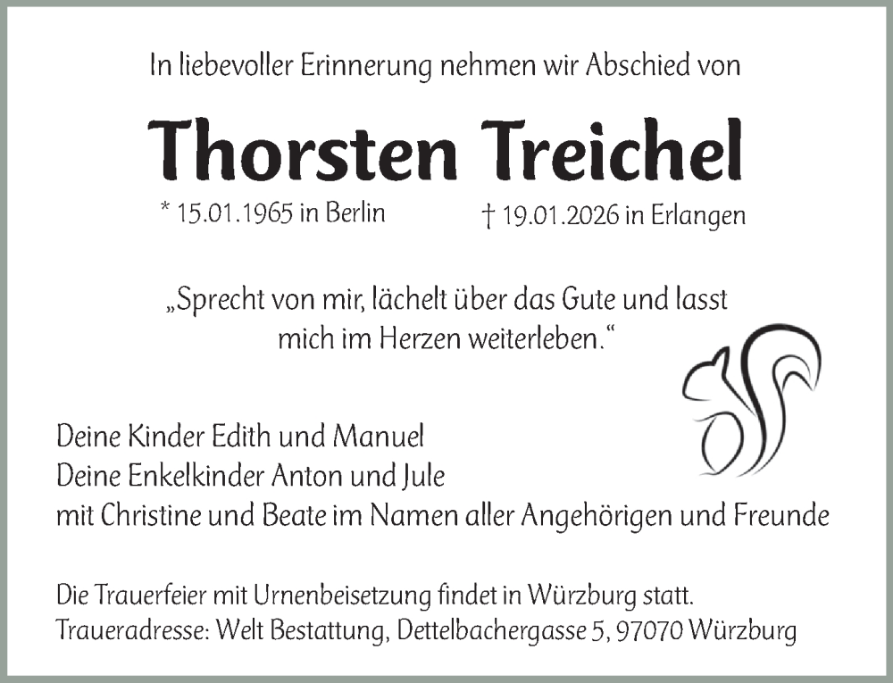 Traueranzeige für Thorsten Treichel vom 31.01.2026 aus Erlanger Nachrichten Lokal