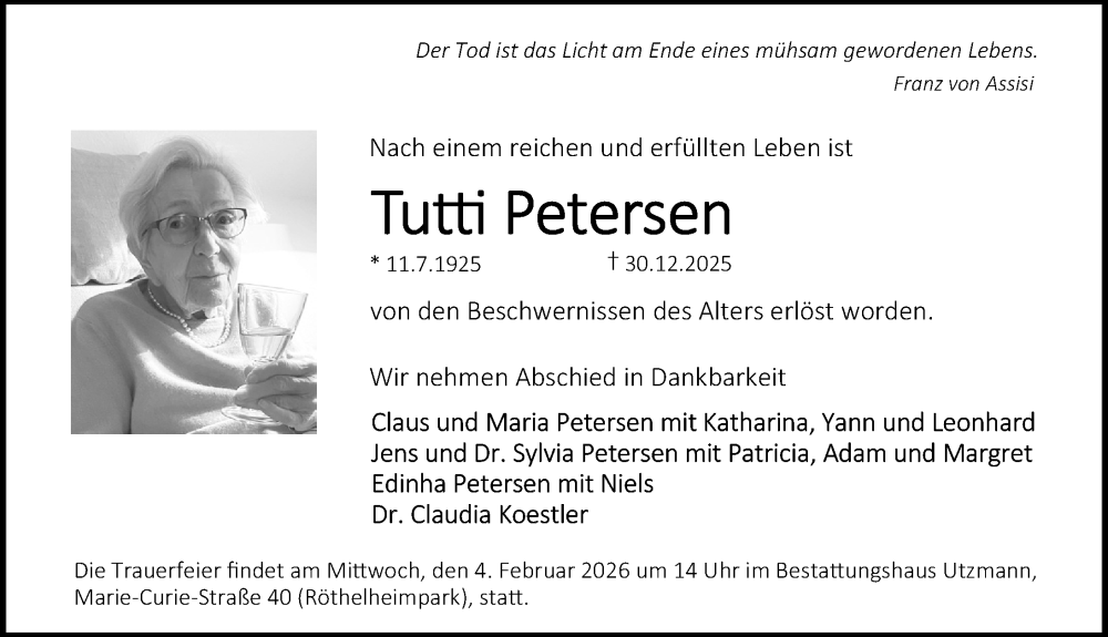  Traueranzeige für Tutti Petersen vom 24.01.2026 aus Erlanger Nachrichten Lokal