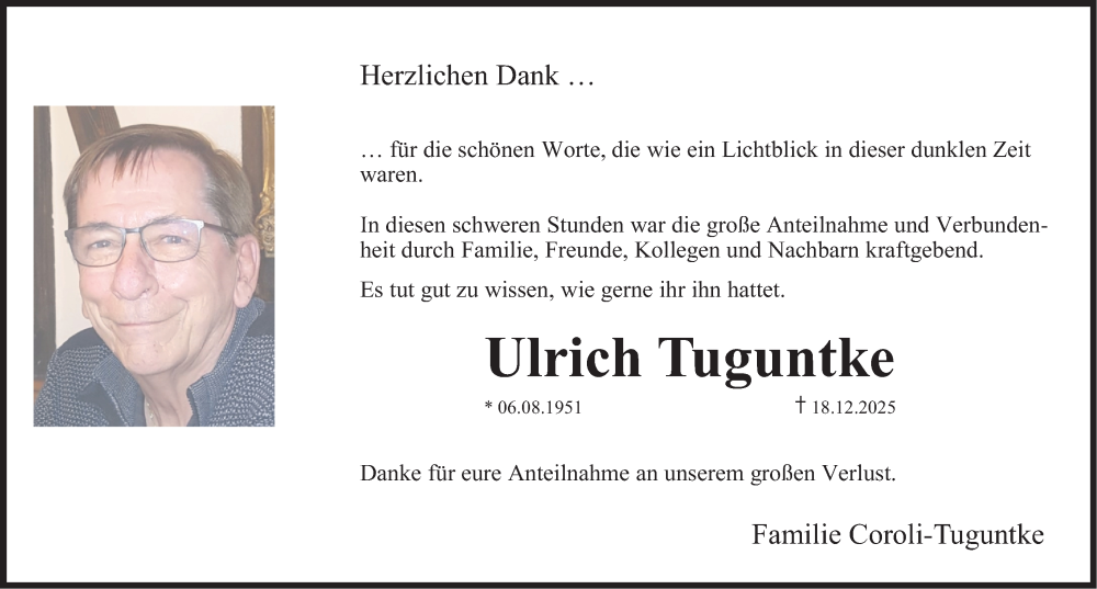  Traueranzeige für Ulrich Tuguntke vom 10.01.2026 aus Erlanger Nachrichten Lokal