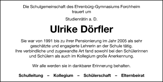 Traueranzeige von Ulrike Dörfler von Nordbayerische Nachrichten Forchheim Lokal