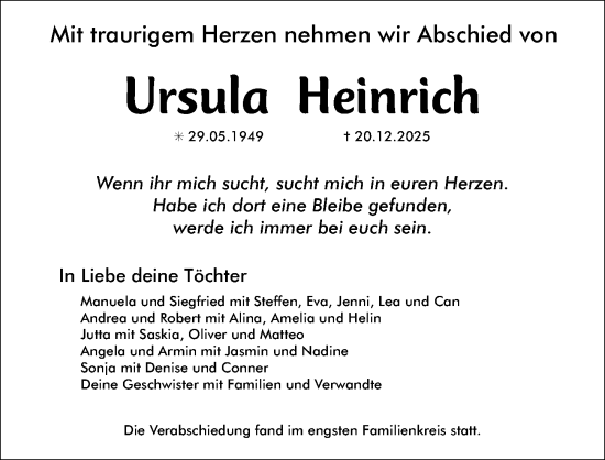 Traueranzeige von Ursula Heinrich von Erlanger Nachrichten Lokal
