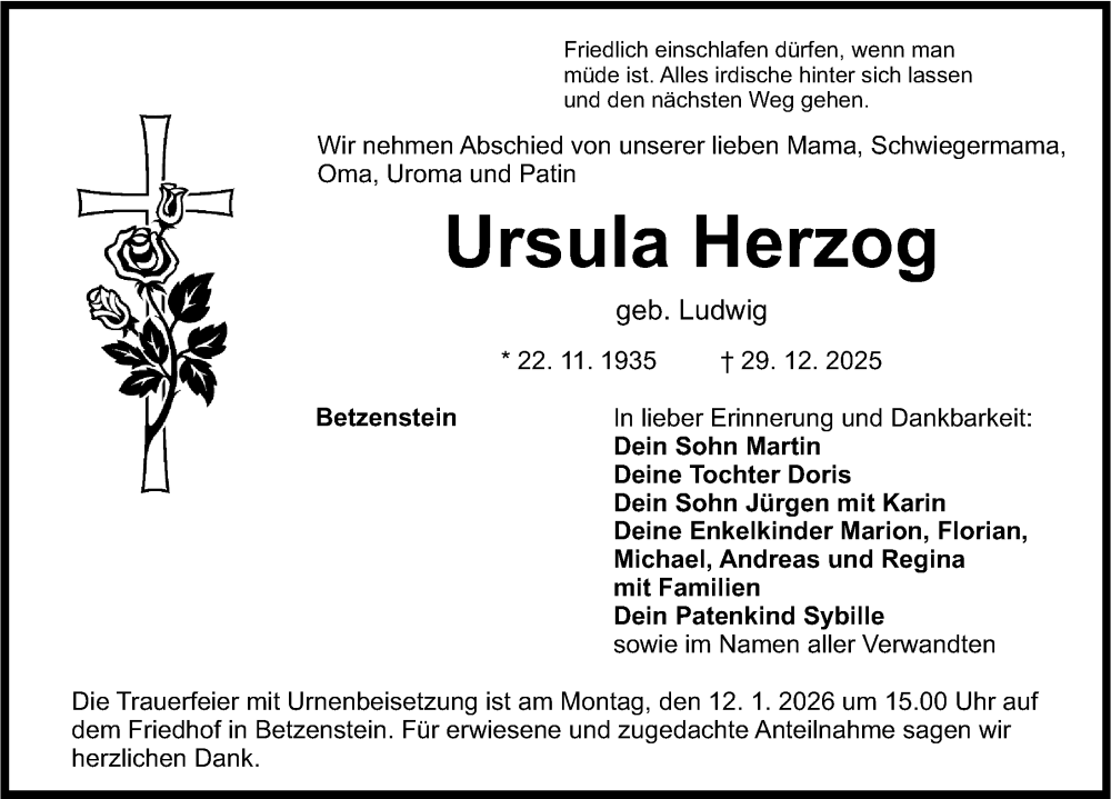  Traueranzeige für Ursula Herzog vom 03.01.2026 aus Nordbayerische Nachrichten Pegnitz Lokal