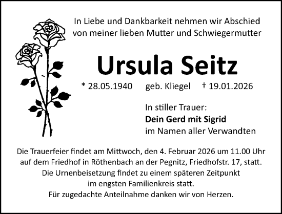 Traueranzeige von Ursula Seitz von Gesamtausgabe Nürnberger Nachrichten/ Nürnberger Ztg.