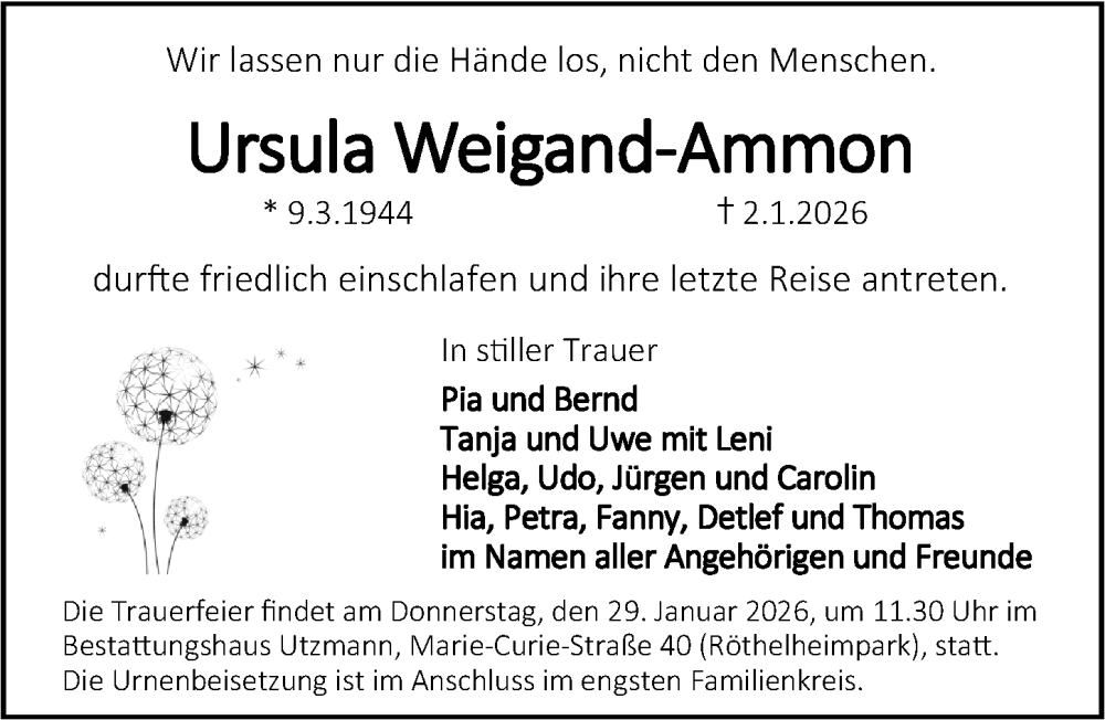  Traueranzeige für Ursula Weigand-Ammon vom 17.01.2026 aus Erlanger Nachrichten Lokal