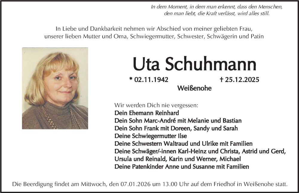 Traueranzeige für Uta Schuhmann vom 03.01.2026 aus Nordbayerische Nachrichten Forchheim Lokal