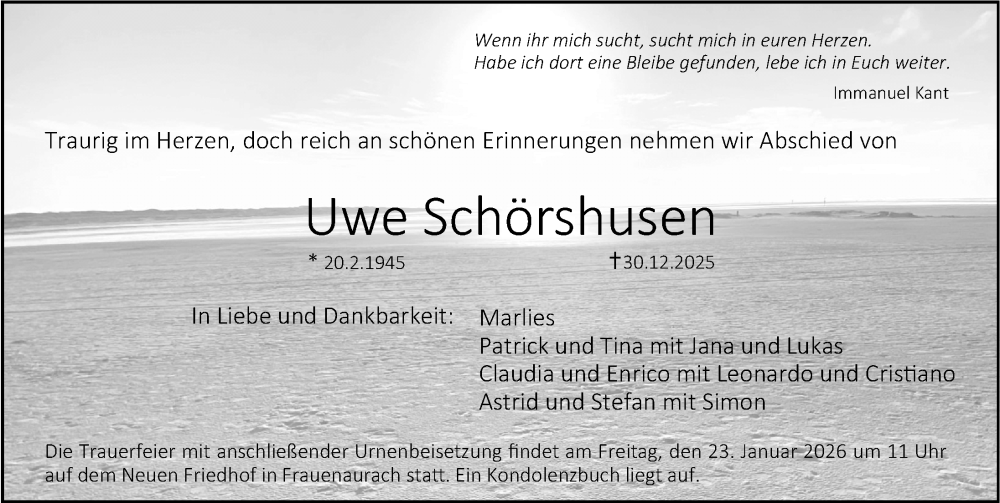  Traueranzeige für Uwe Schörshusen vom 10.01.2026 aus Erlanger Nachrichten Lokal