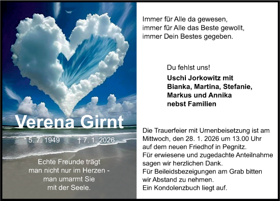 Traueranzeige von Verena Girnt von Nordbayerische Nachrichten Pegnitz Lokal