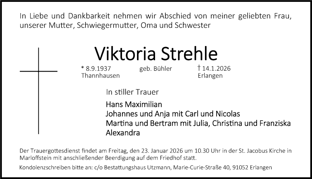  Traueranzeige für Viktoria Strehle vom 17.01.2026 aus Erlanger Nachrichten Lokal