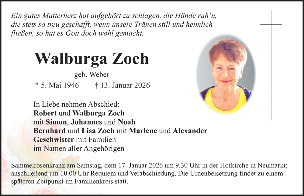  Traueranzeige für Walburga Zoch vom 15.01.2026 aus Neumarkter Nachrichten Lokal