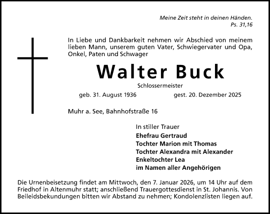 Traueranzeige von Walter Buck von Altmühl-Bote Lokal
