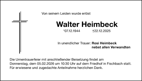 Traueranzeige von Walter Heimbeck von Gesamtausgabe Nürnberger Nachrichten/ Nürnberger Ztg.