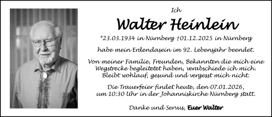 Traueranzeige von Walter Heinlein von Gesamtausgabe Nürnberger Nachrichten/ Nürnberger Ztg.