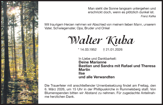 Traueranzeige von Walter Kuba von Gesamtausgabe Nürnberger Nachrichten/ Nürnberger Ztg.