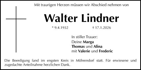 Traueranzeige von Walter Lindner von Erlanger Nachrichten Lokal