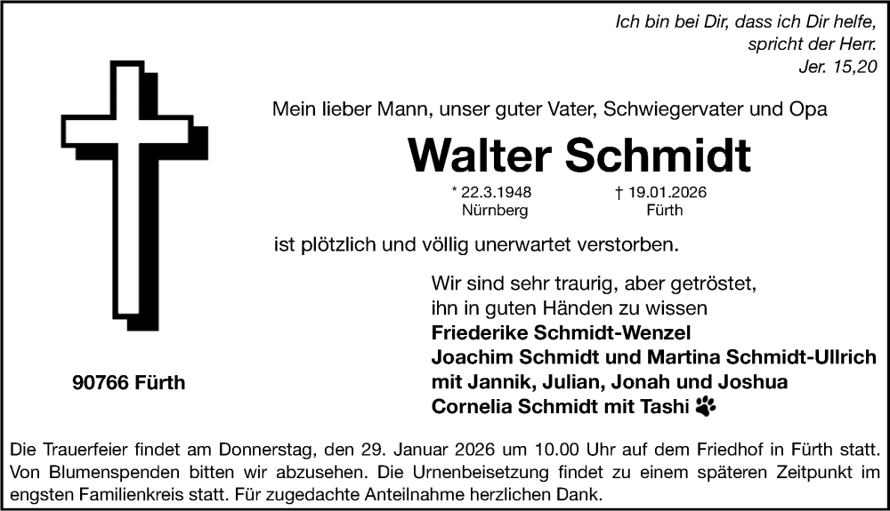  Traueranzeige für Walter Schmidt vom 28.01.2026 aus Fürther Nachrichten Lokal