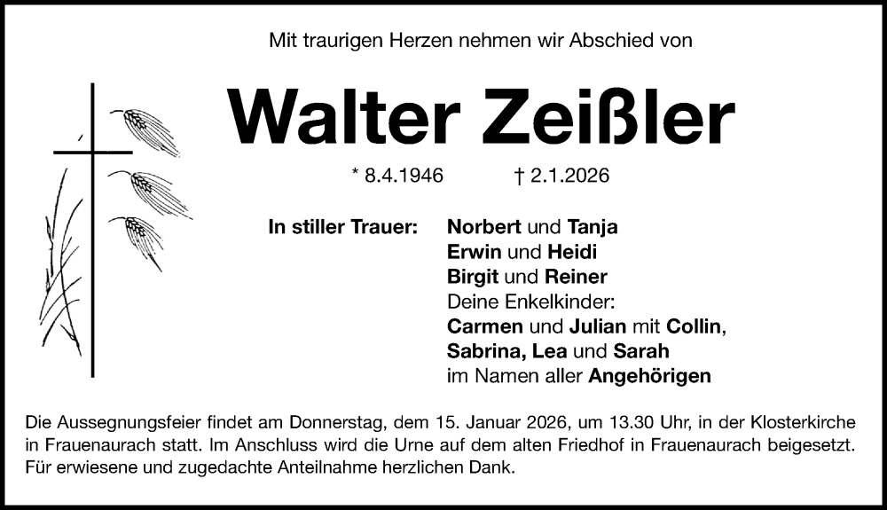  Traueranzeige für Walter Zeißler vom 10.01.2026 aus Erlanger Nachrichten Lokal